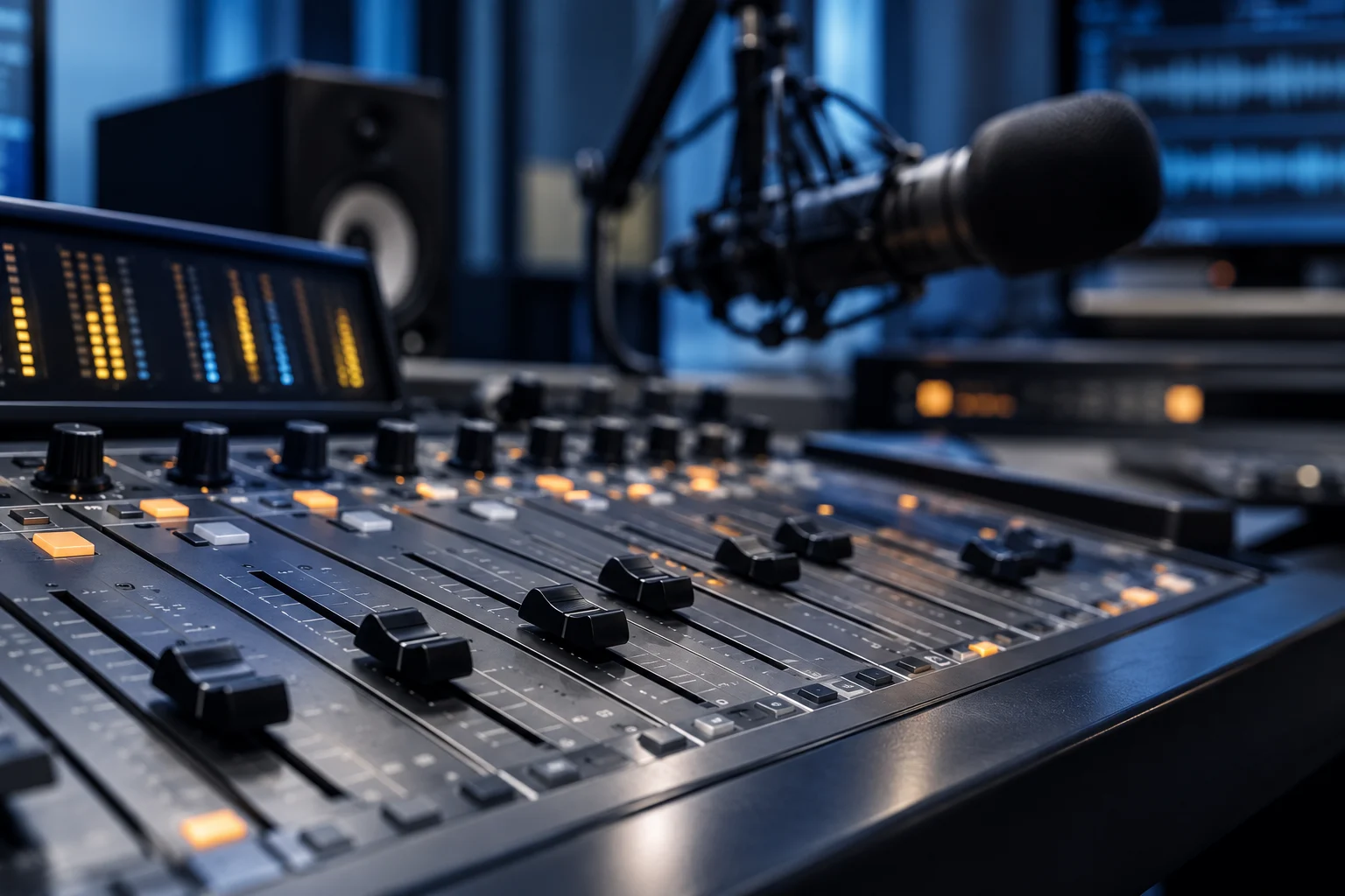 Mesa de audio en un entorno de radiodifusión, en imagen ilustrativa