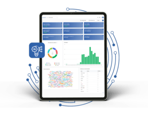 Imagem de um tablet mostrando a interface da seção de integração WhatsApp do software Metrics