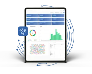 Imagem de um tablet mostrando a interface da seção de integração WhatsApp do software Metrics