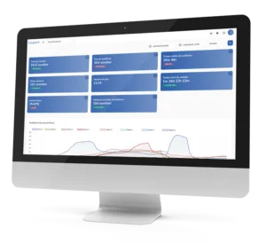 Imagem de um monitor cinza claro mostrando a interface do software Metrics